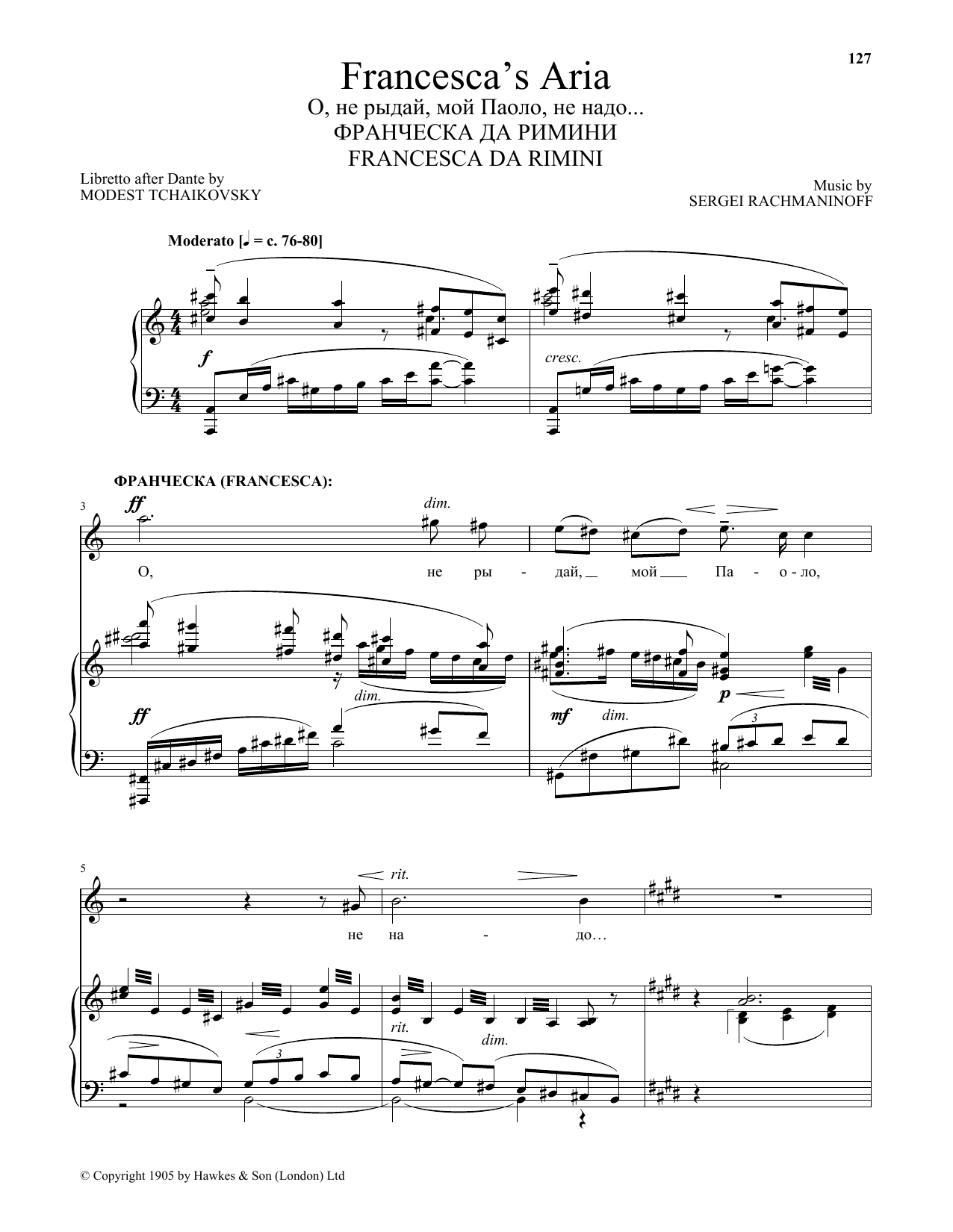 Sergei Rachmaninoff Francesca's Aria (from Francesca da Rimini) sheet music notes and chords arranged for Piano & Vocal