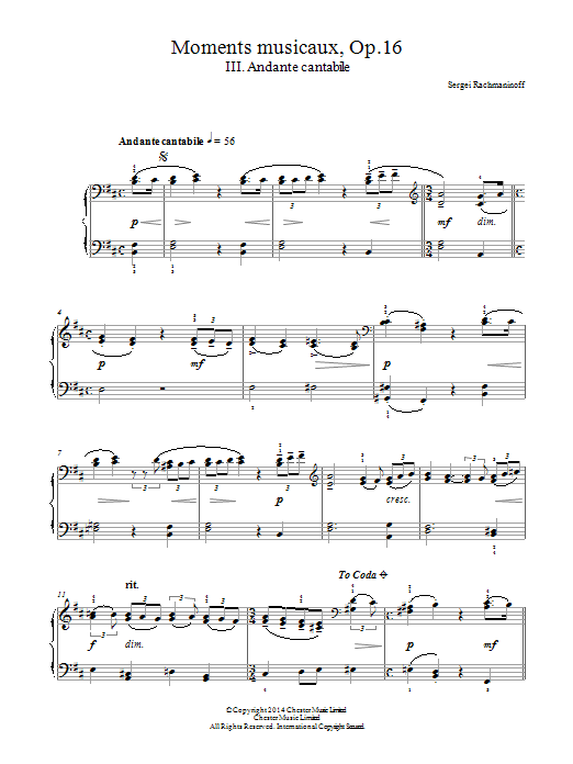 Sergei Rachmaninoff Moments musicaux Op.16, No.3 Andante cantabile sheet music notes and chords arranged for Piano Solo