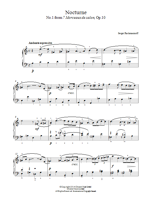 Sergei Rachmaninoff Nocturne (No.1 from 7 Morceaux de salon, Op.10) sheet music notes and chords arranged for Easy Piano