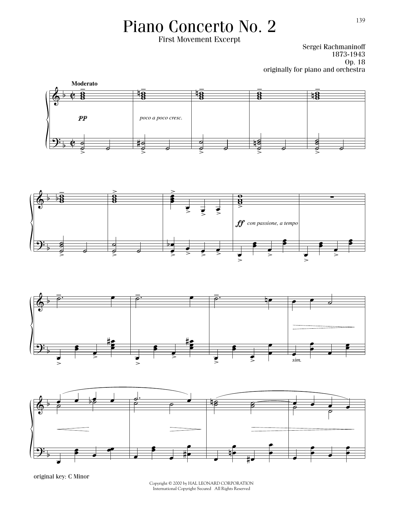 Sergei Rachmaninoff Piano Concerto No. 2, First Movement Excerpt sheet music notes and chords arranged for Piano Solo