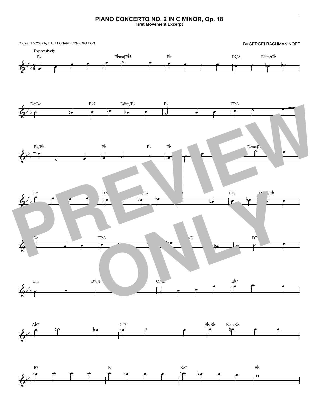 Sergei Rachmaninoff Piano Concerto No. 2 In C Minor, Op. 18 sheet music notes and chords arranged for Easy Piano