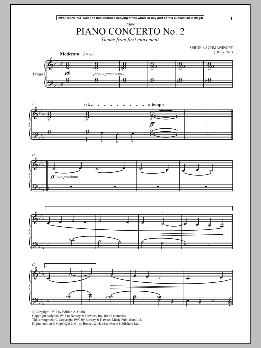 Sergei Rachmaninoff Piano Concerto No. 2 (Theme from First Movement) sheet music notes and chords arranged for Piano Duet