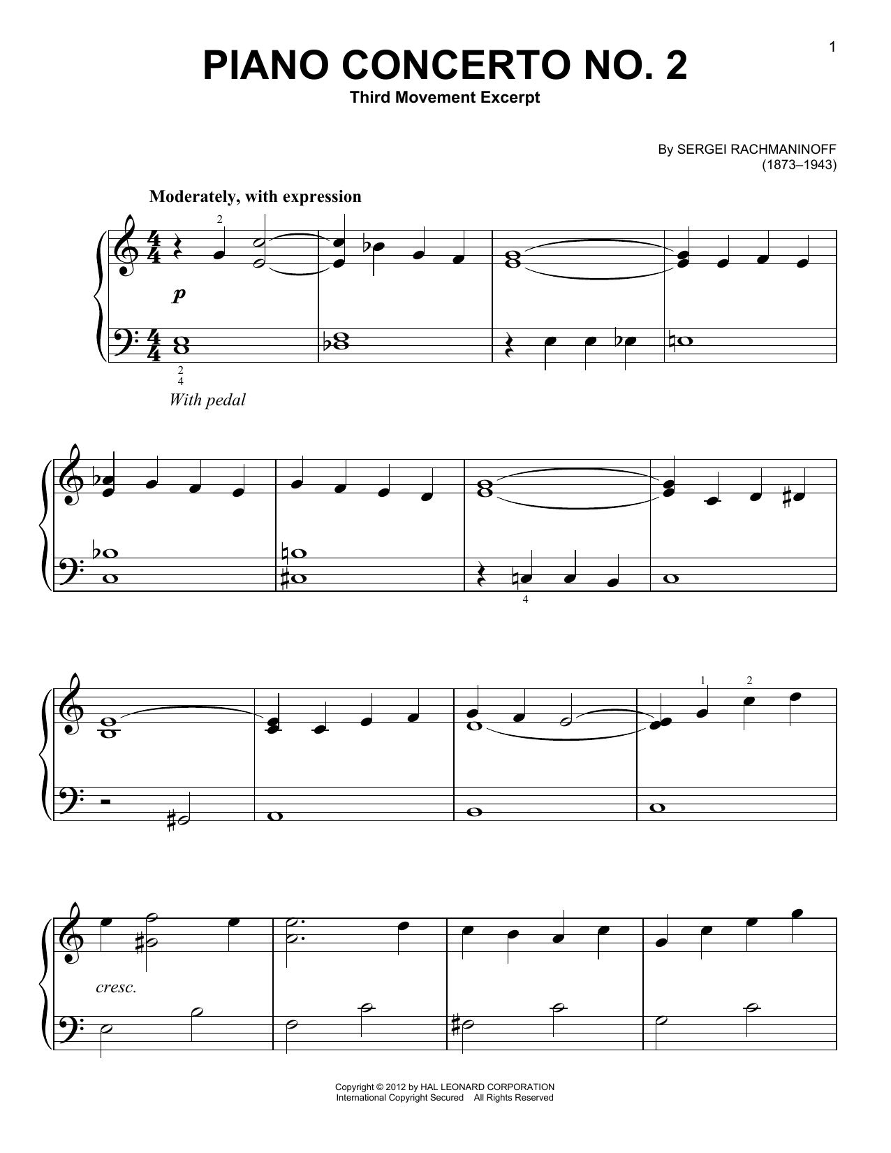 Sergei Rachmaninoff Piano Concerto No. 2, Third Movement Excerpt sheet music notes and chords arranged for Easy Piano