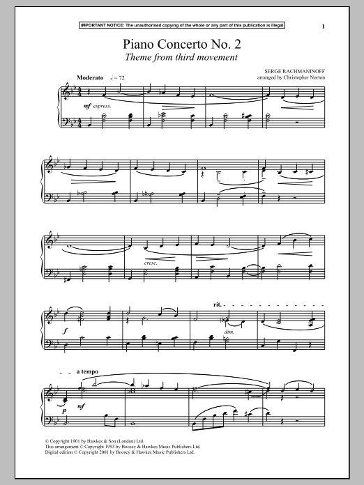 Sergei Rachmaninoff Piano Concerto No. 2, (Third Movement Theme) sheet music notes and chords arranged for Piano Solo