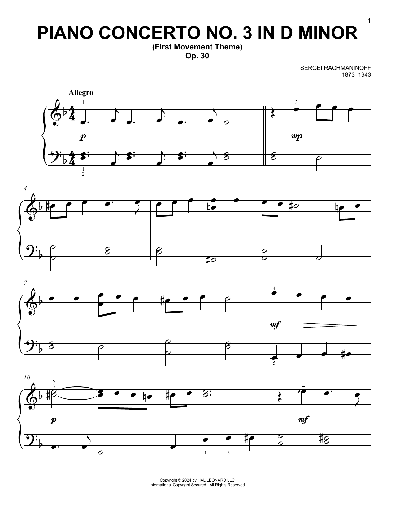 Sergei Rachmaninoff Piano Concerto No. 3 In D Minor, Op. 30 sheet music notes and chords arranged for Easy Piano
