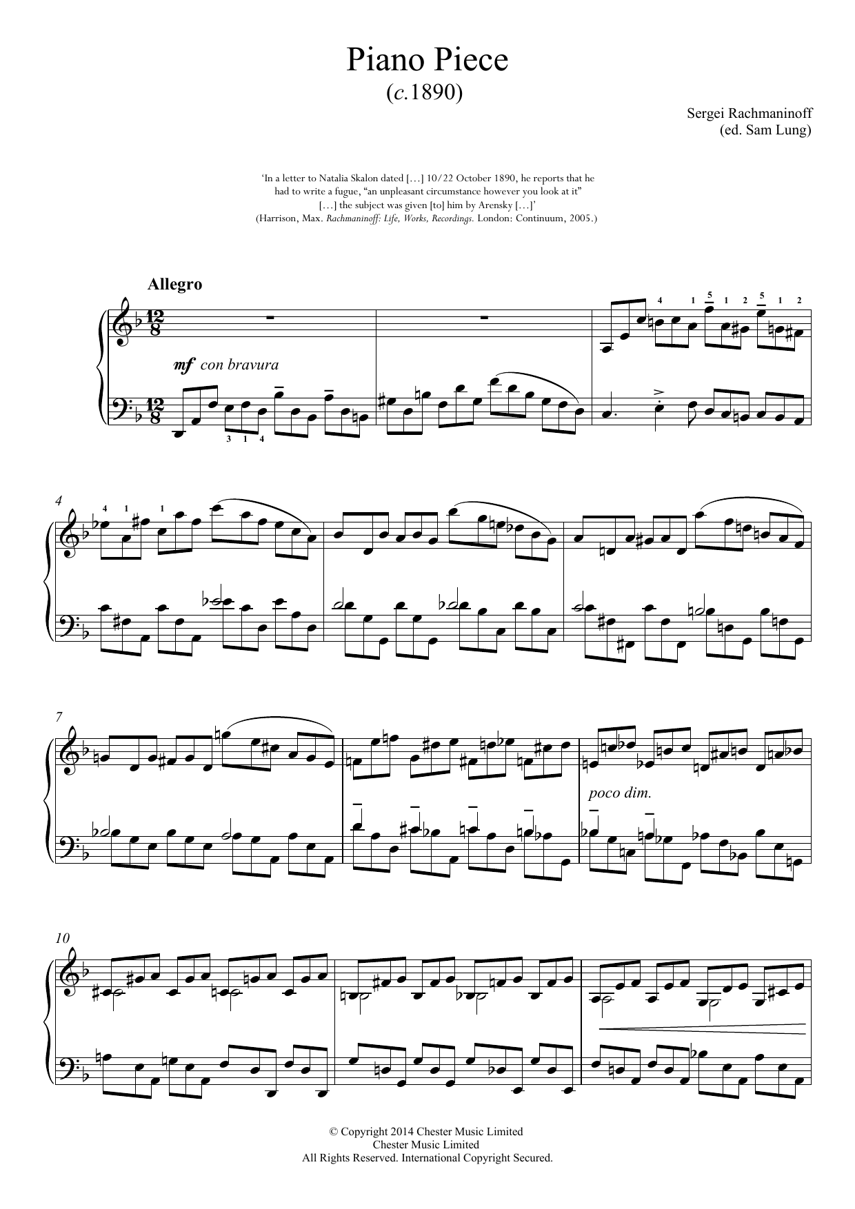 Sergei Rachmaninoff Piano Piece in D minor sheet music notes and chords arranged for Piano Solo