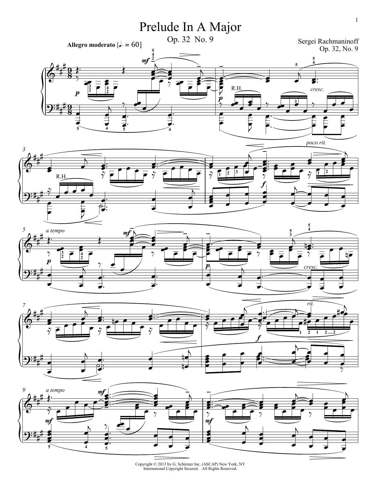 Sergei Rachmaninoff Prelude In A Major, Op. 32, No. 9 sheet music notes and chords arranged for Piano Solo