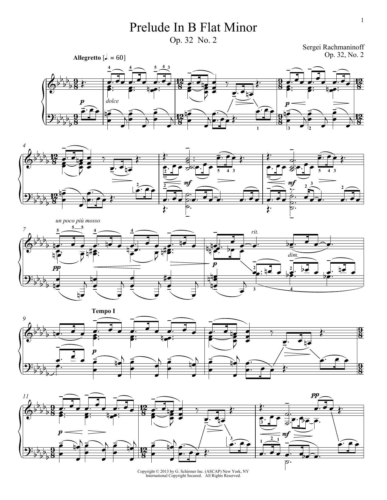 Sergei Rachmaninoff Prelude In B-Flat Minor, Op. 32, No. 2 sheet music notes and chords arranged for Piano Solo