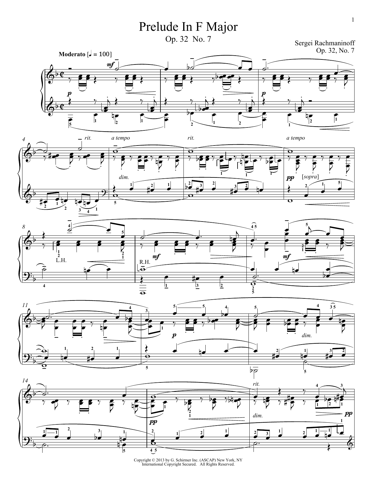 Sergei Rachmaninoff Prelude In F Major, Op. 32, No. 7 sheet music notes and chords arranged for Piano Solo