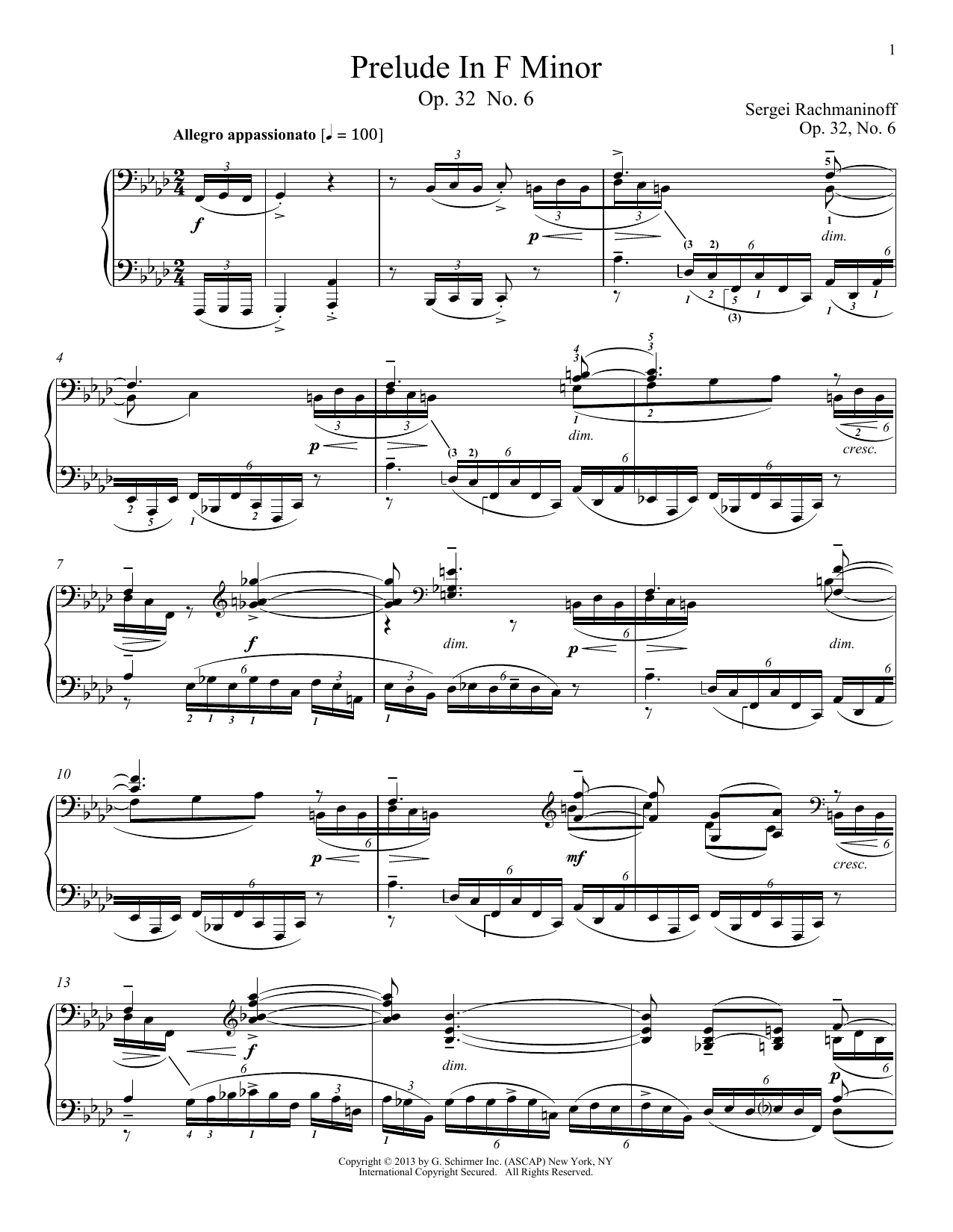 Sergei Rachmaninoff Prelude In F Minor, Op. 32, No. 6 sheet music notes and chords arranged for Piano Solo