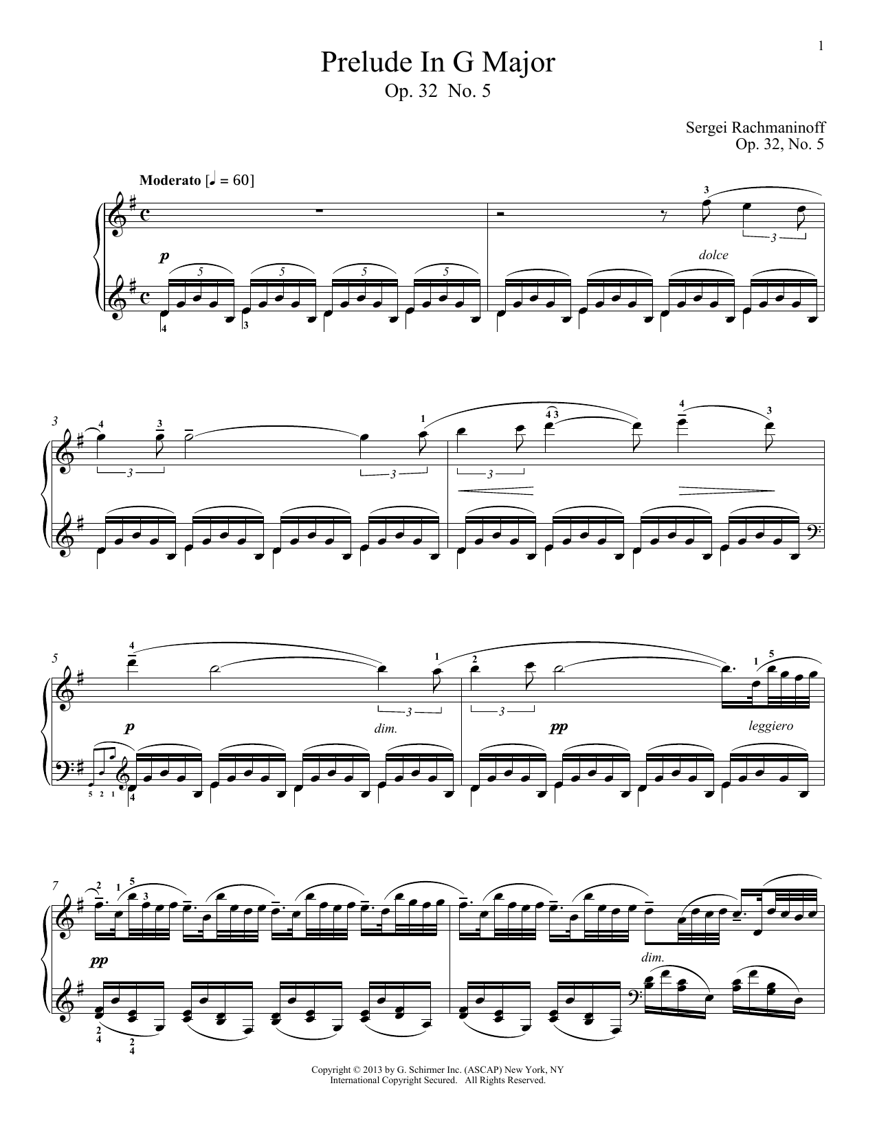 Sergei Rachmaninoff Prelude In G Major, Op. 32, No. 5 sheet music notes and chords arranged for Piano Solo