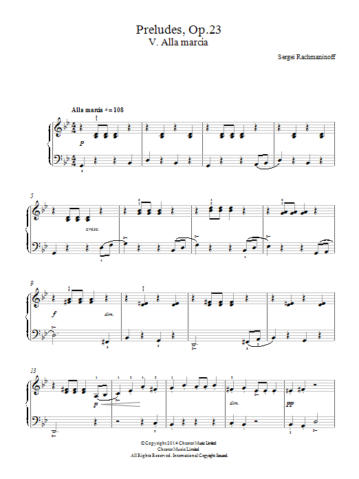 Sergei Rachmaninoff Preludes Op.23, No.5 Alla marcia sheet music notes and chords arranged for Easy Piano