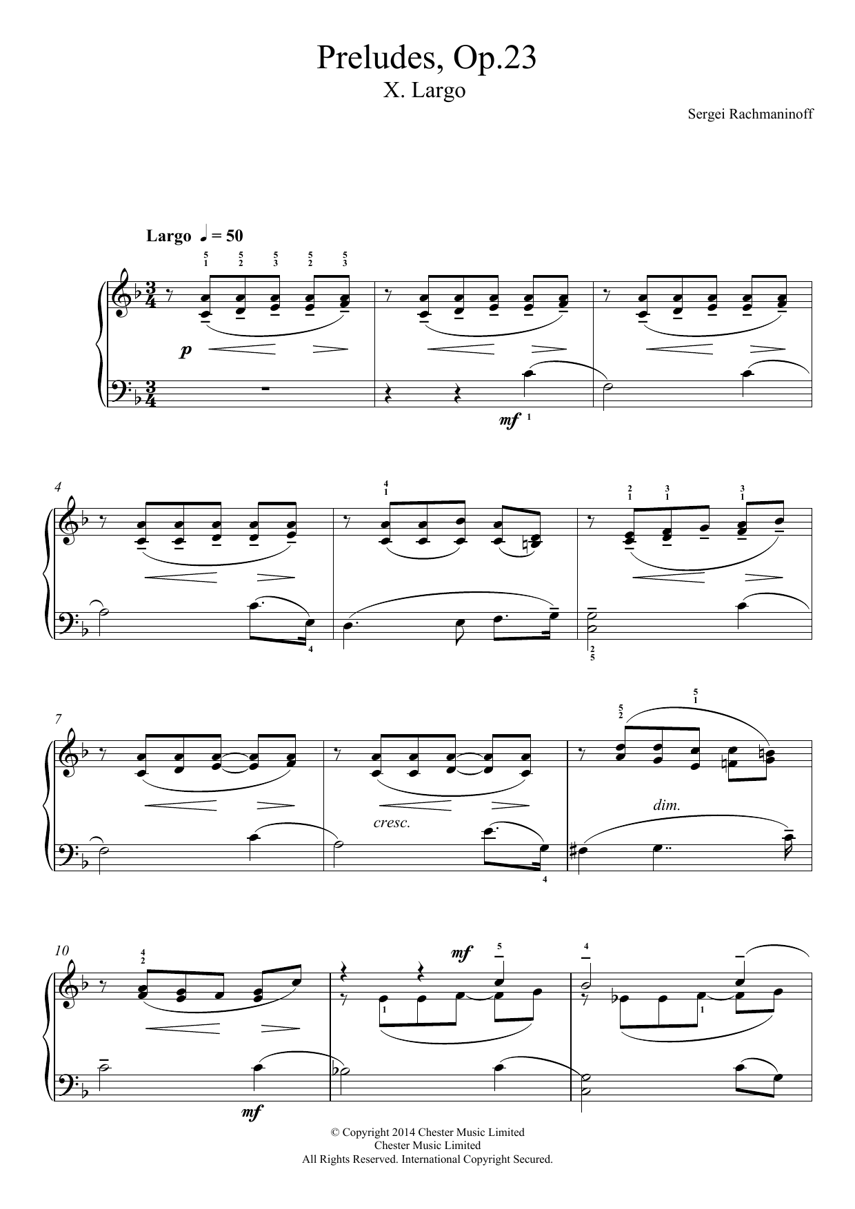 Sergei Rachmaninoff Preludes Op.23, No.10 Largo sheet music notes and chords arranged for Easy Piano