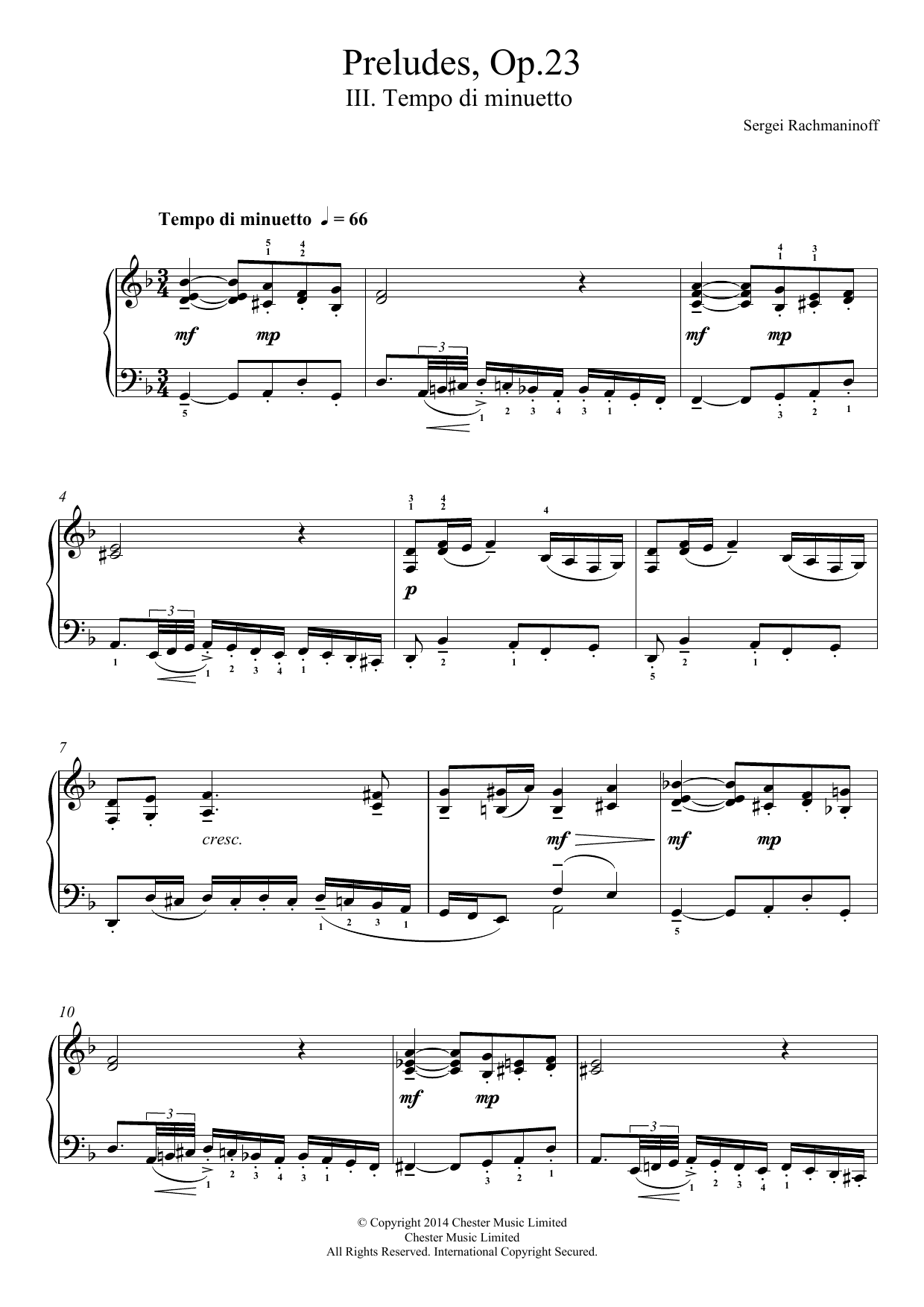 Sergei Rachmaninoff Preludes Op.23, No.3 Tempo di minuetto sheet music notes and chords arranged for Piano Solo
