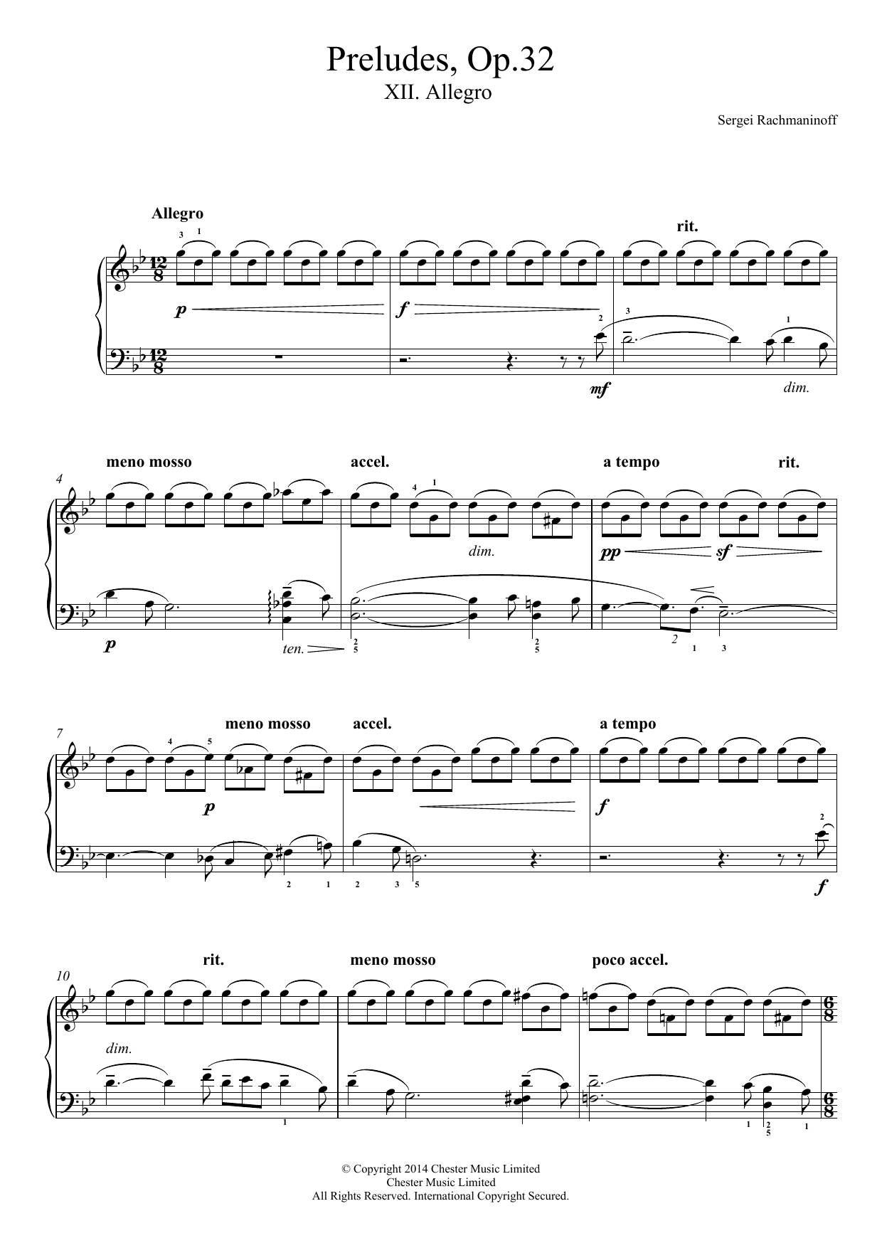 Sergei Rachmaninoff Preludes Op.32, No.12 Allegro sheet music notes and chords arranged for Easy Piano