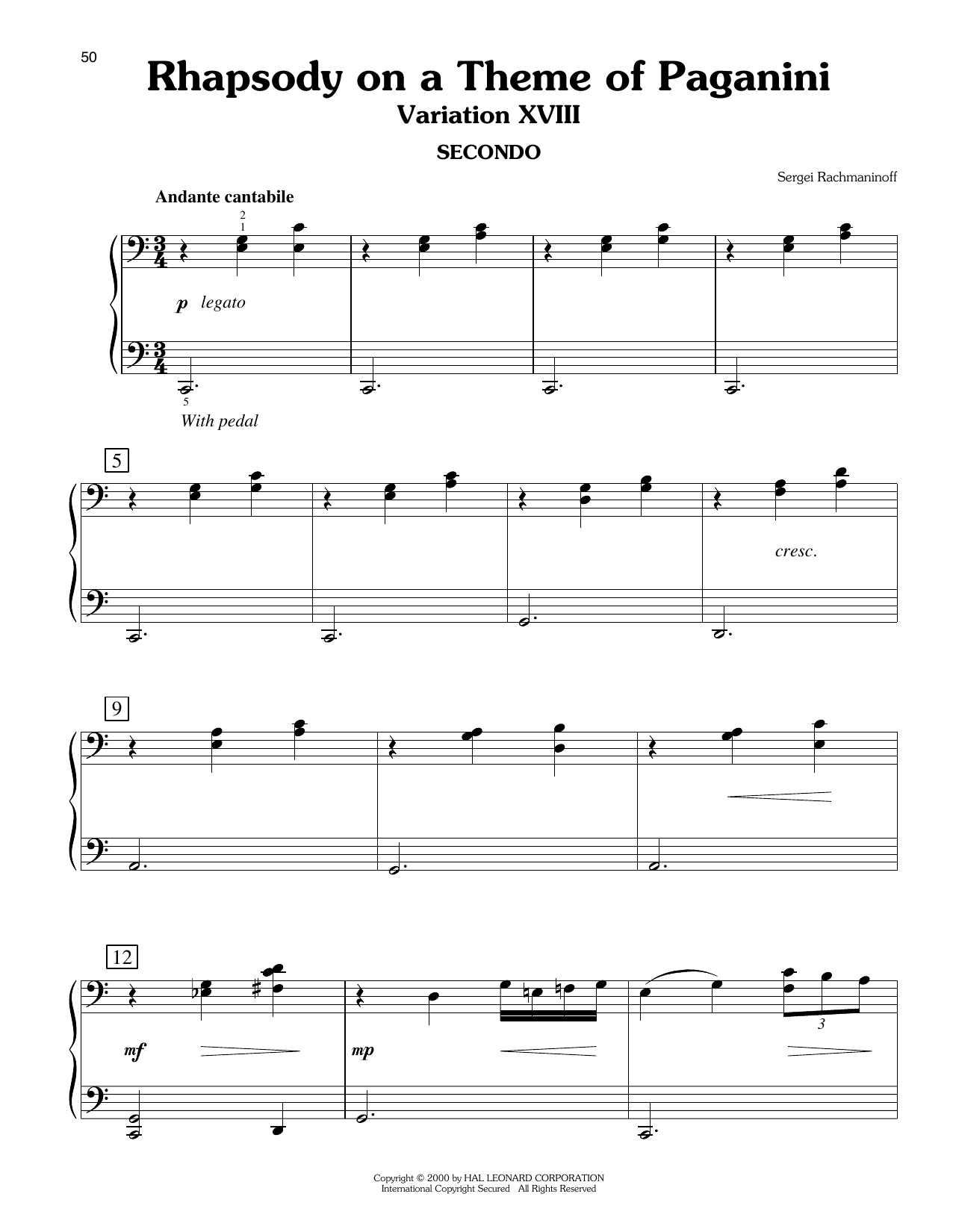Sergei Rachmaninoff Rhapsody On A Theme Of Paganini, Variation XVIII (arr. Carol Klose) sheet music notes and chords arranged for Easy Piano Duet