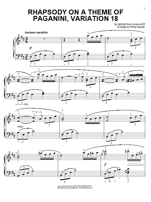 Sergei Rachmaninoff Rhapsody On A Theme Of Paganini, Variation XVIII (from Somewhere in Time) (arr. Phillip Keveren) sheet music notes and chords arranged for Easy Piano
