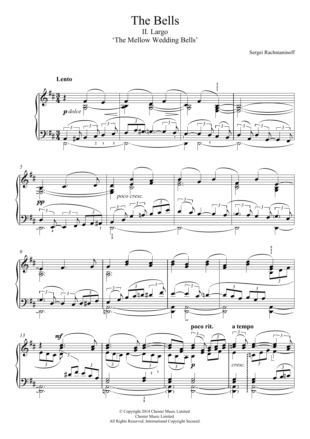 Sergei Rachmaninoff The Bells, No.2 Largo ('The Mellow Wedding Bells') sheet music notes and chords arranged for Piano Solo