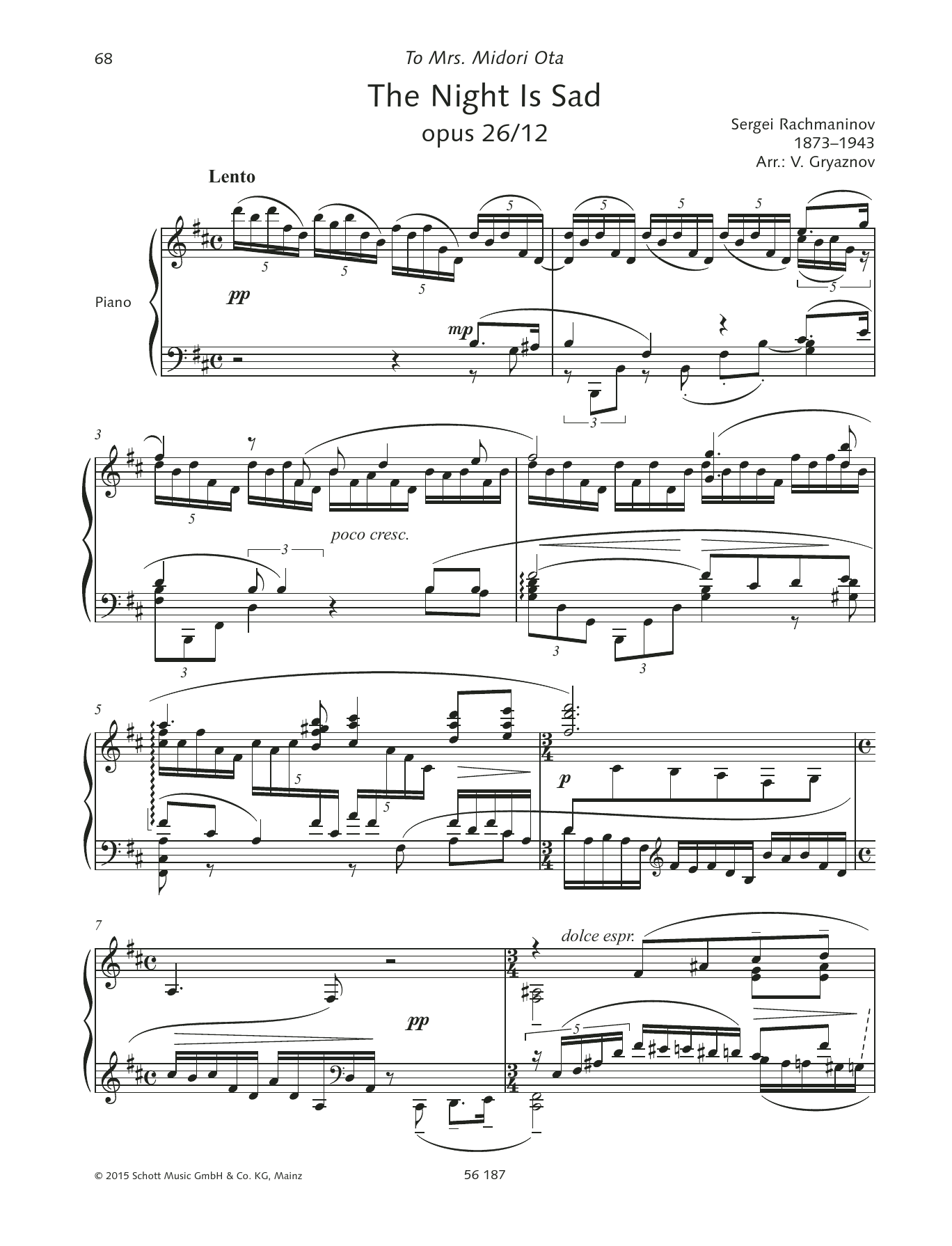 Sergei Rachmaninoff The Night is Sad sheet music notes and chords arranged for Piano Solo