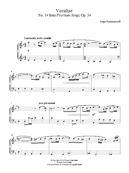 Sergei Rachmaninoff Vocalise (No.14 from Fourteen Songs, Op.34) sheet music notes and chords arranged for Easy Piano