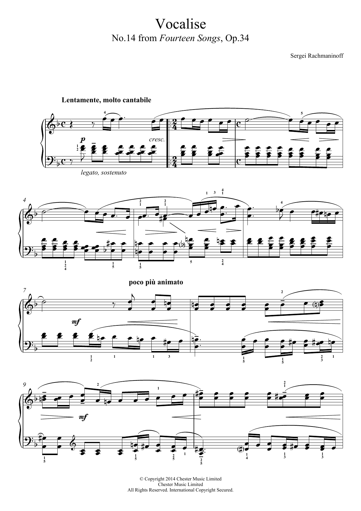 Sergei Rachmaninoff Vocalise (No.14 from Fourteen Songs, Op.34) sheet music notes and chords arranged for Easy Piano