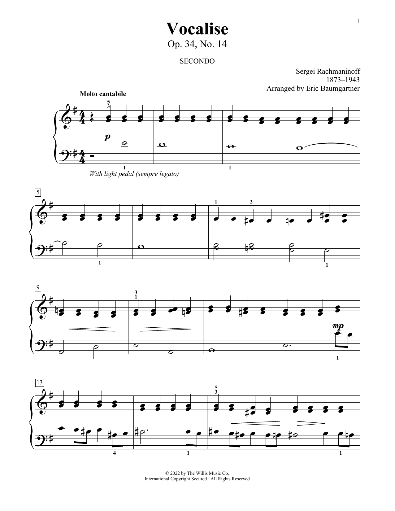 Sergei Rachmaninoff Vocalise, Op. 34, No. 14 (arr. Eric Baumgartner) sheet music notes and chords arranged for Piano Duet