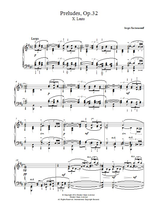 Sergei Rachmaninov Preludes Op.32, No.10 Lento sheet music notes and chords arranged for Piano Solo