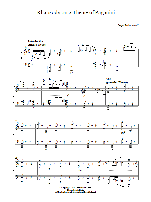 Sergei Rachmaninov Rhapsody on a Theme of Paganini sheet music notes and chords arranged for Piano Solo