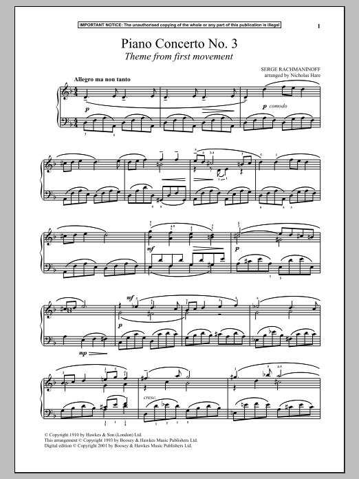 Sergei Rachmaninoff Piano Concerto No. 3, (First Movement Theme) sheet music notes and chords arranged for Piano Solo