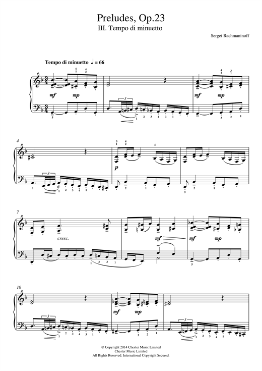 Sergei Rachmaninoff Preludes Op.23, No.3 Tempo di minuetto sheet music notes and chords arranged for Easy Piano