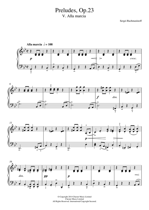 Sergei Rachmaninoff Preludes Op.23, No.5 Alla marcia sheet music notes and chords arranged for Easy Piano