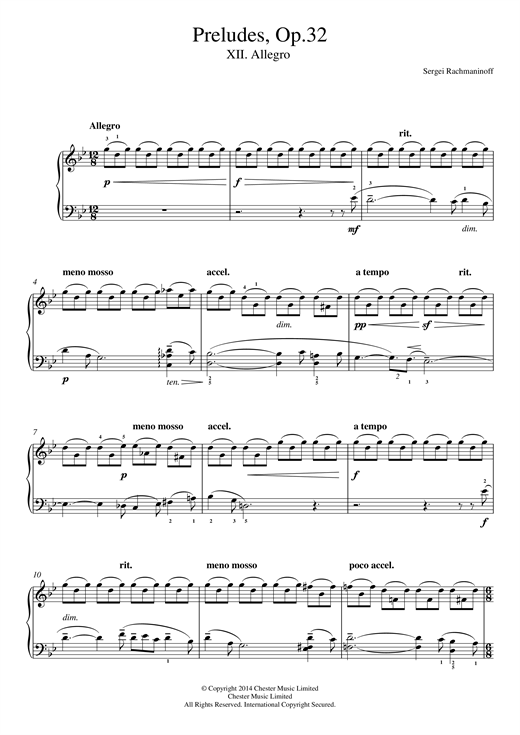 Sergei Rachmaninoff Preludes Op.32, No.12 Allegro sheet music notes and chords arranged for Easy Piano
