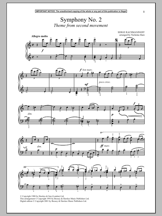 Sergei Rachmaninoff Symphony No. 2, (Second Movement Theme) sheet music notes and chords arranged for Piano Solo