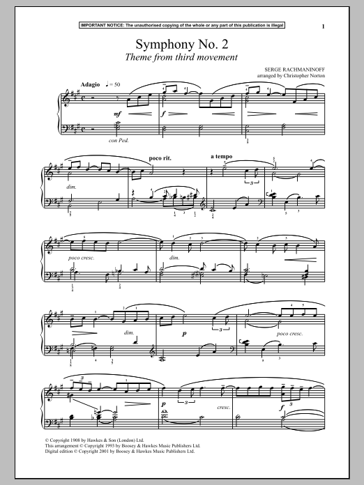 Sergei Rachmaninoff Symphony No. 2, (Third Movement Theme) sheet music notes and chords arranged for Piano Solo