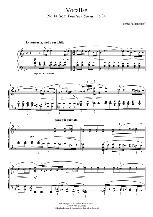 Sergei Rachmaninoff Vocalise (No.14 from Fourteen Songs, Op.34) sheet music notes and chords arranged for Easy Piano