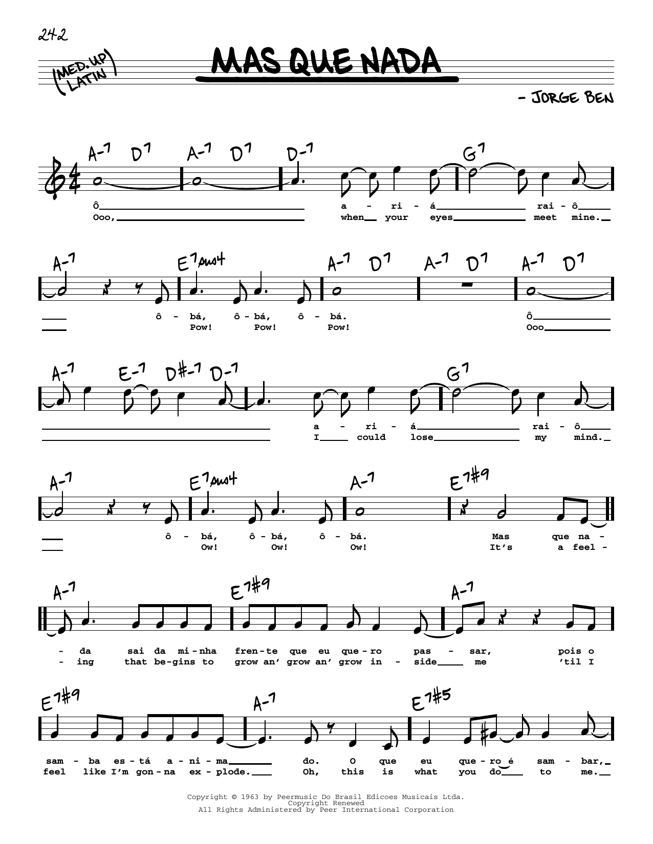 Sergio Mendes Mas Que Nada (High Voice) sheet music notes and chords arranged for Real Book – Melody, Lyrics & Chords