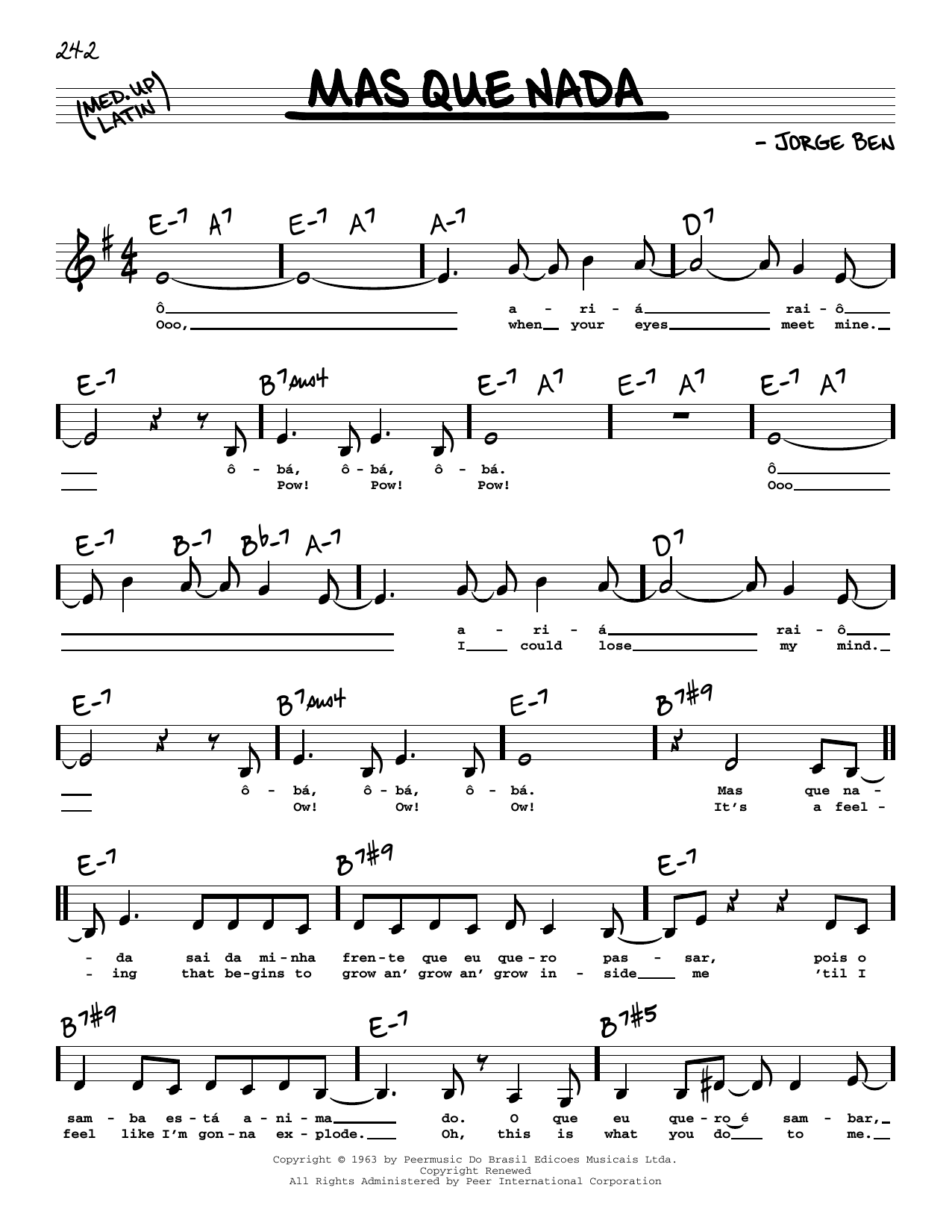 Sergio Mendes Mas Que Nada (Low Voice) sheet music notes and chords arranged for Real Book – Melody, Lyrics & Chords
