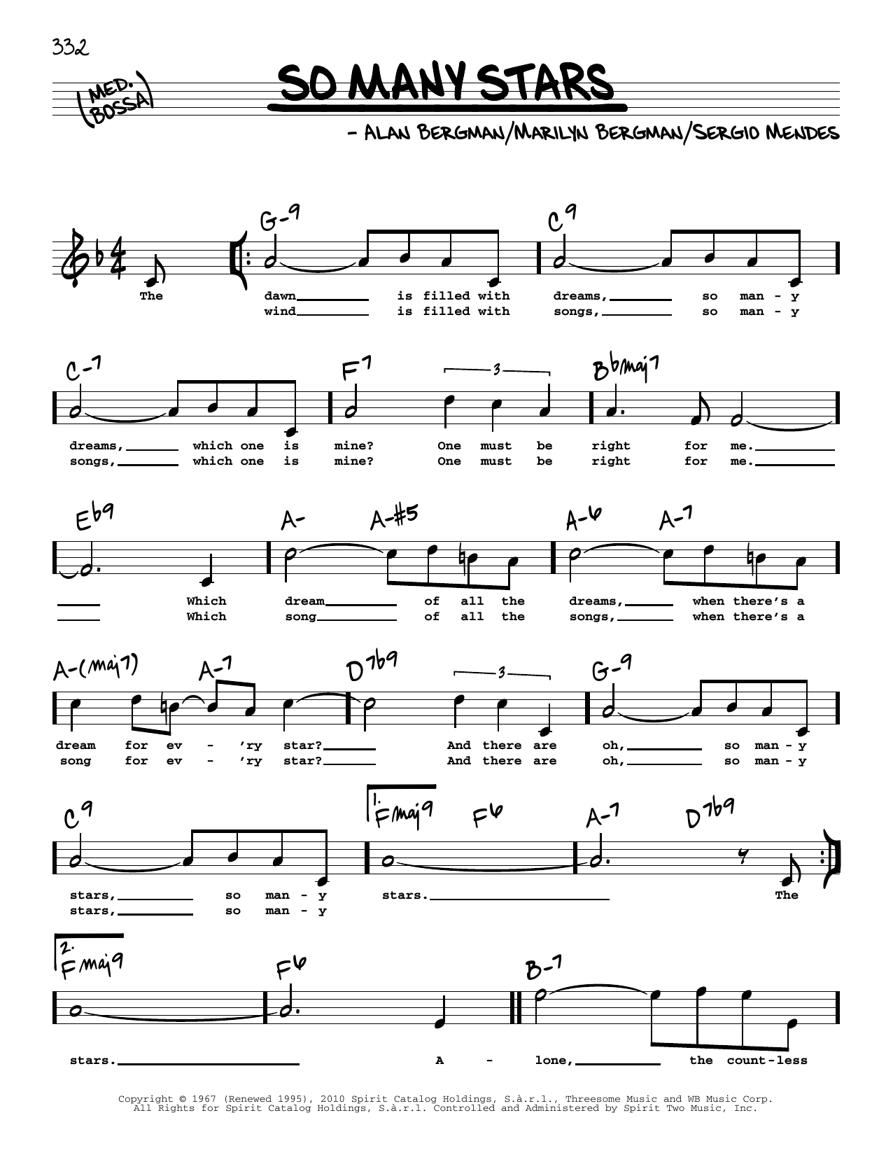 Sergio Mendes So Many Stars (High Voice) sheet music notes and chords arranged for Real Book – Melody, Lyrics & Chords