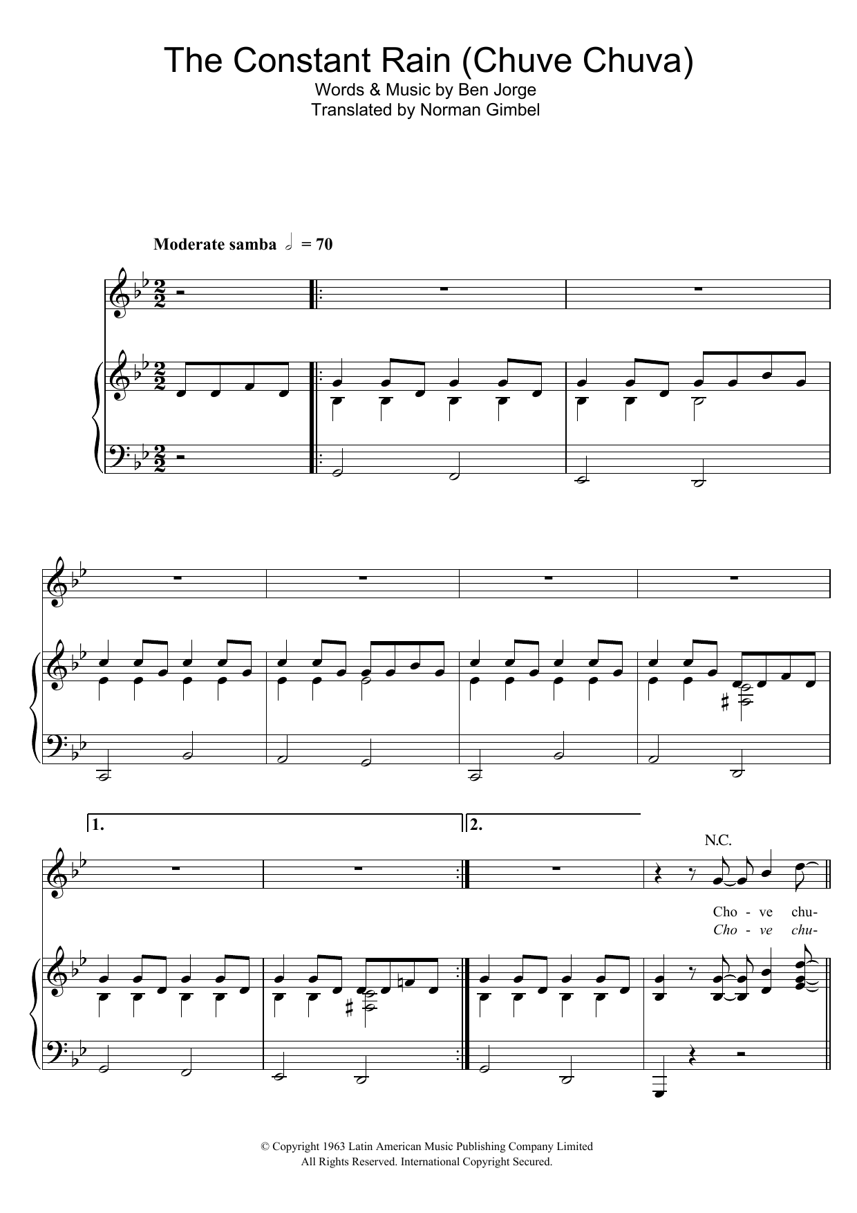 Sergio Mendes The Constant Rain (Chove Chuva) sheet music notes and chords arranged for Piano, Vocal & Guitar Chords