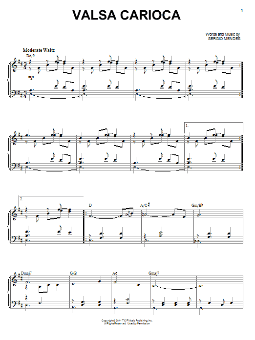 Sergio Mendes Valsa Carioca sheet music notes and chords arranged for Piano, Vocal & Guitar Chords (Right-Hand Melody)