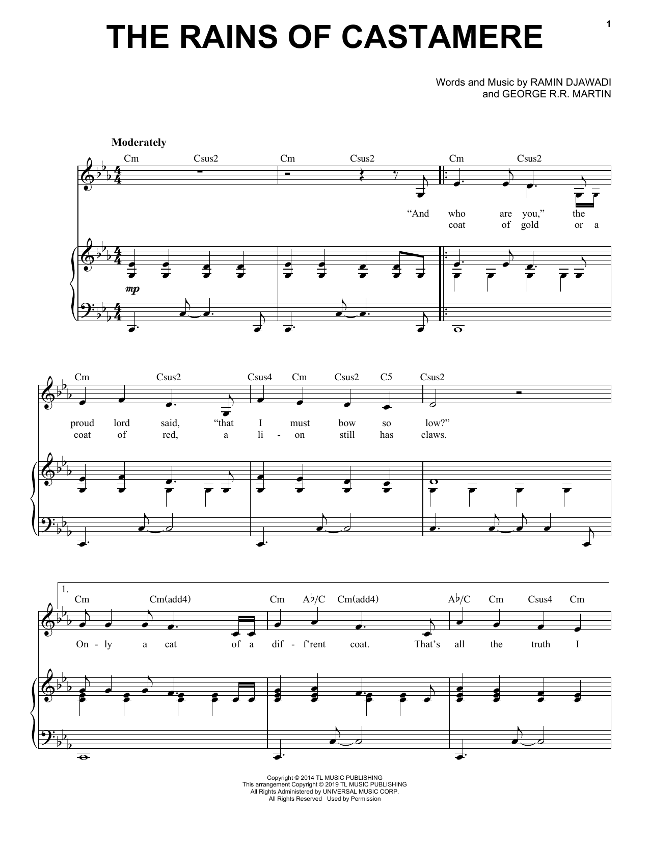 Serj Tankian The Rains Of Castamere (from Game of Thrones) sheet music notes and chords arranged for Piano, Vocal & Guitar Chords (Right-Hand Melody)