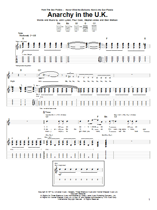 Sex Pistols Anarchy In The U.K. sheet music notes and chords arranged for Piano, Vocal & Guitar Chords (Right-Hand Melody)