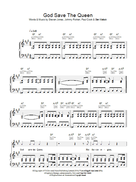 Sex Pistols God Save The Queen sheet music notes and chords arranged for Piano, Vocal & Guitar Chords (Right-Hand Melody)