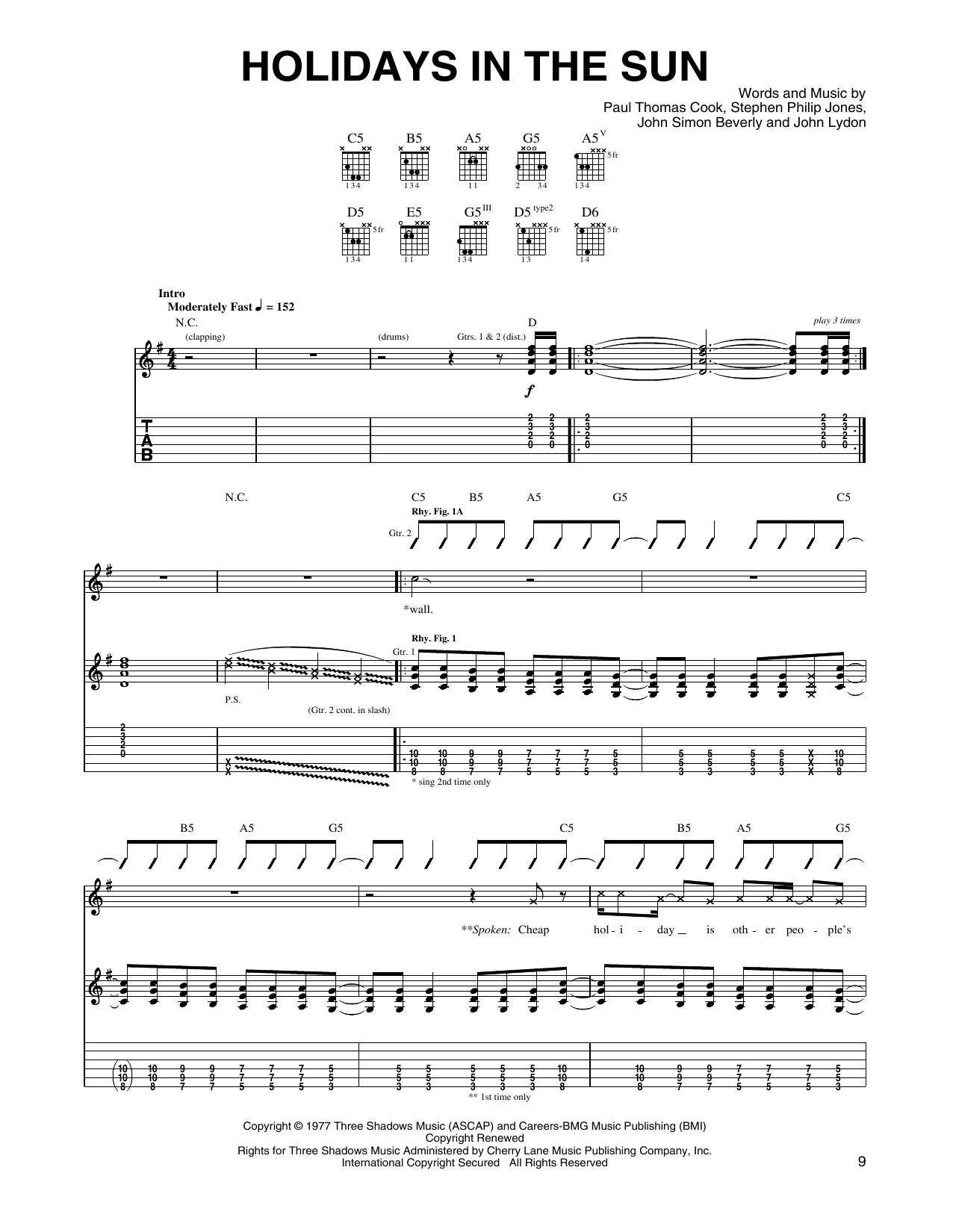 Sex Pistols Holidays In The Sun sheet music notes and chords arranged for Guitar Tab