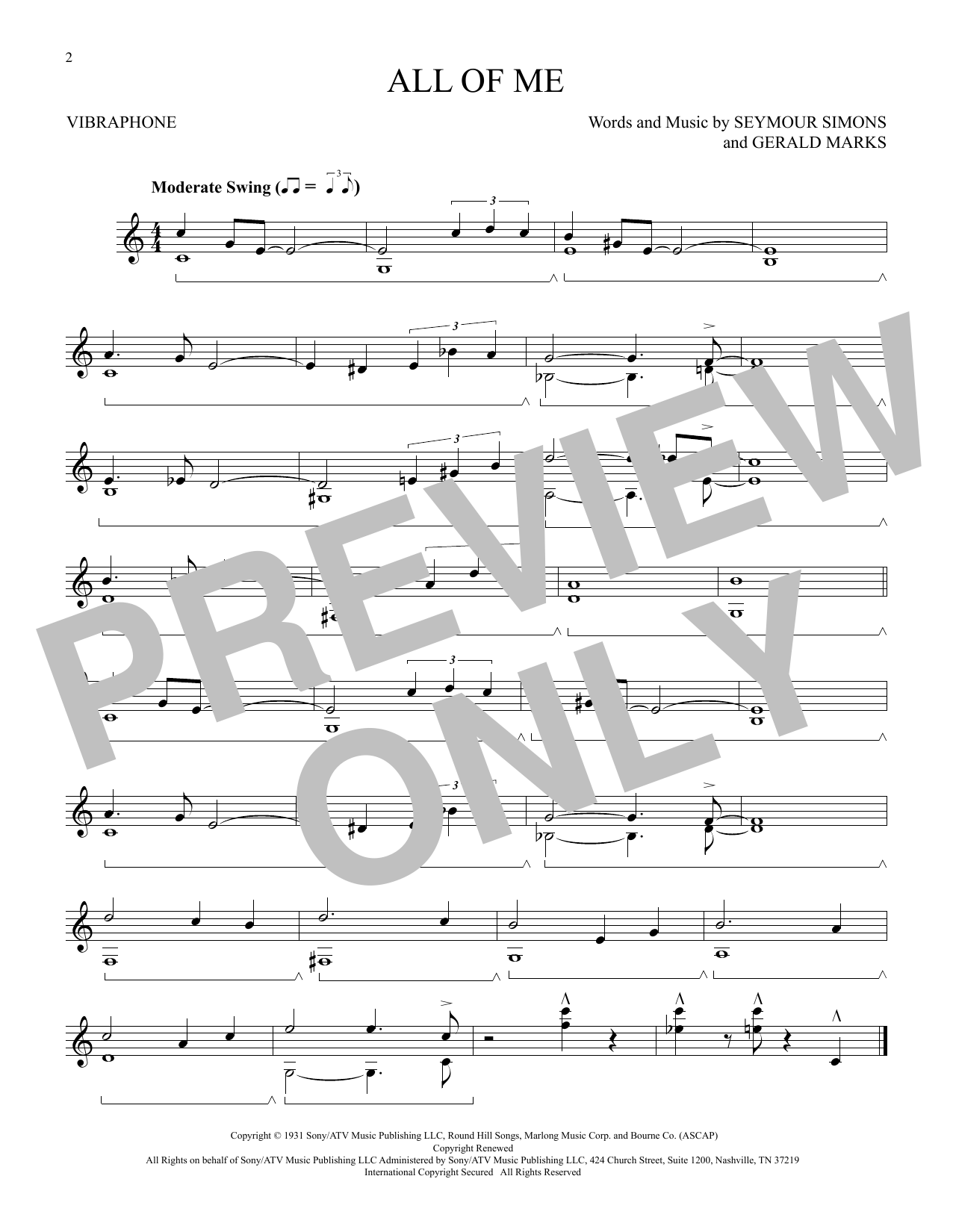 Seymour Simons and Gerald Marks All Of Me sheet music notes and chords arranged for Vibraphone Solo