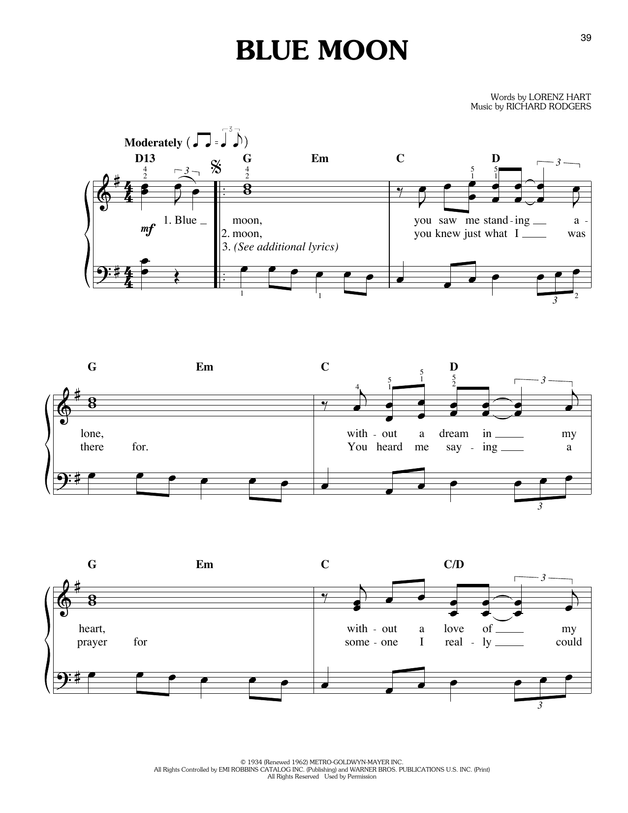 Sha Na Na Blue Moon (from Grease) sheet music notes and chords arranged for Easy Piano
