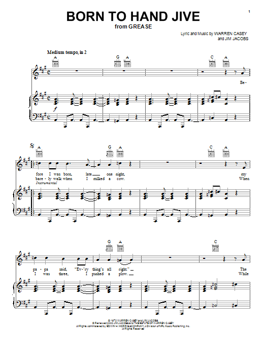 Sha Na Na Born To Hand Jive (from Grease) sheet music notes and chords arranged for Piano, Vocal & Guitar Chords (Right-Hand Melody)