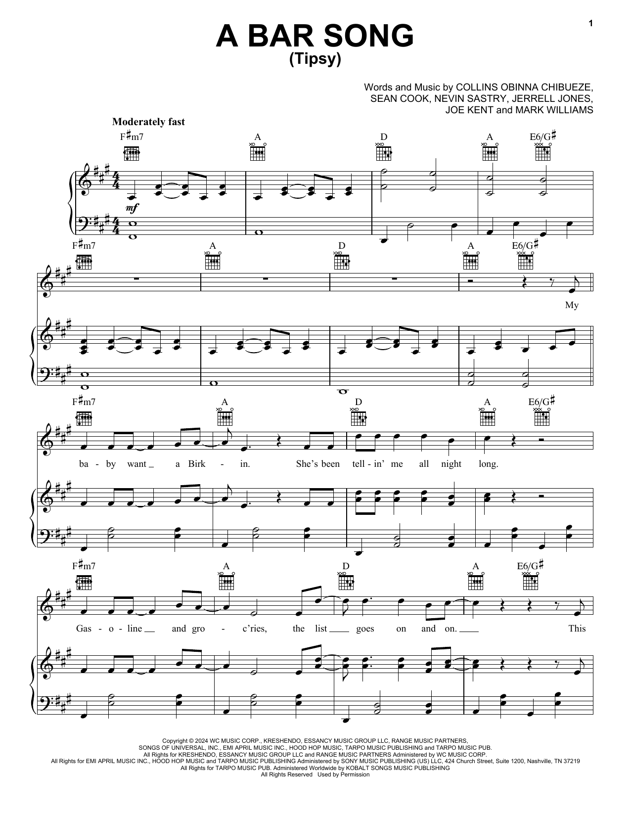 Shaboozey A Bar Song (Tipsy) sheet music notes and chords arranged for Piano, Vocal & Guitar Chords (Right-Hand Melody)