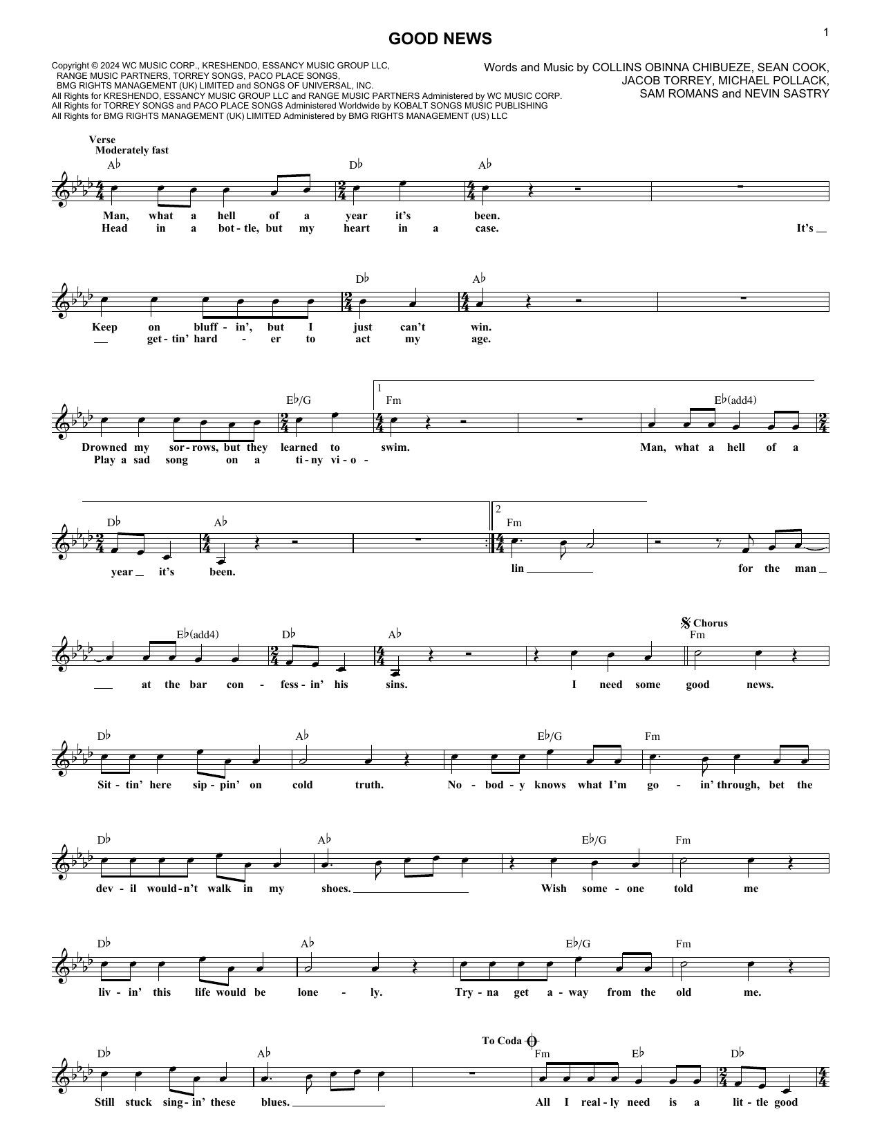 Shaboozey Good News sheet music notes and chords arranged for Super Easy Piano