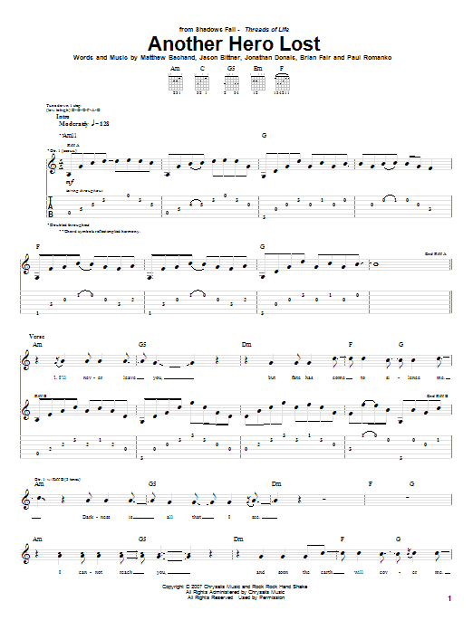Shadows Fall Another Hero Lost sheet music notes and chords arranged for Guitar Tab